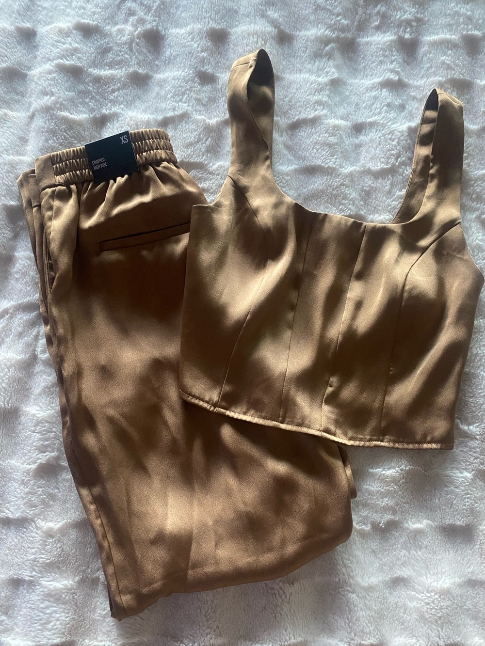 Brown Satin Crop Top & Pants Set - Women's Two-Piece